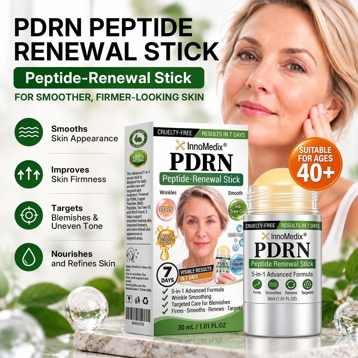 InnoMedix® 🧬𝑷𝑫𝑹𝑵 𝑨𝒏𝒕𝒊-𝑨𝒈𝒊𝒏𝒈 & 𝑻𝒂𝒓𝒈𝒆𝒕𝒆𝒅 𝑺𝒌𝒊𝒏 𝑹𝒆𝒏𝒆𝒘𝒂𝒍 𝑺𝒕𝒊𝒄𝒌 (𝑯𝒆𝒍𝒑𝒔 𝒗𝒊𝒔𝒊𝒃𝒍𝒚 𝒔𝒎𝒐𝒐𝒕𝒉 𝒘𝒓𝒊𝒏𝒌𝒍𝒆𝒔, 𝒔𝒖𝒑𝒑𝒐𝒓𝒕𝒔 𝒂 𝒇𝒊𝒓𝒎𝒆𝒓-𝒍𝒐𝒐𝒌𝒊𝒏𝒈 𝒔𝒌𝒊𝒏 𝒂𝒑𝒑𝒆𝒂𝒓𝒂𝒏𝒄𝒆 & 𝒊𝒎𝒑𝒓𝒐𝒗𝒆𝒔 𝒕𝒉𝒆 𝒂𝒑𝒑𝒆𝒂𝒓𝒂𝒏𝒄𝒆 𝒐𝒇 𝒗𝒊𝒔𝒊𝒃𝒍𝒆 𝒔𝒌𝒊𝒏 𝒔𝒑𝒐𝒕𝒔)