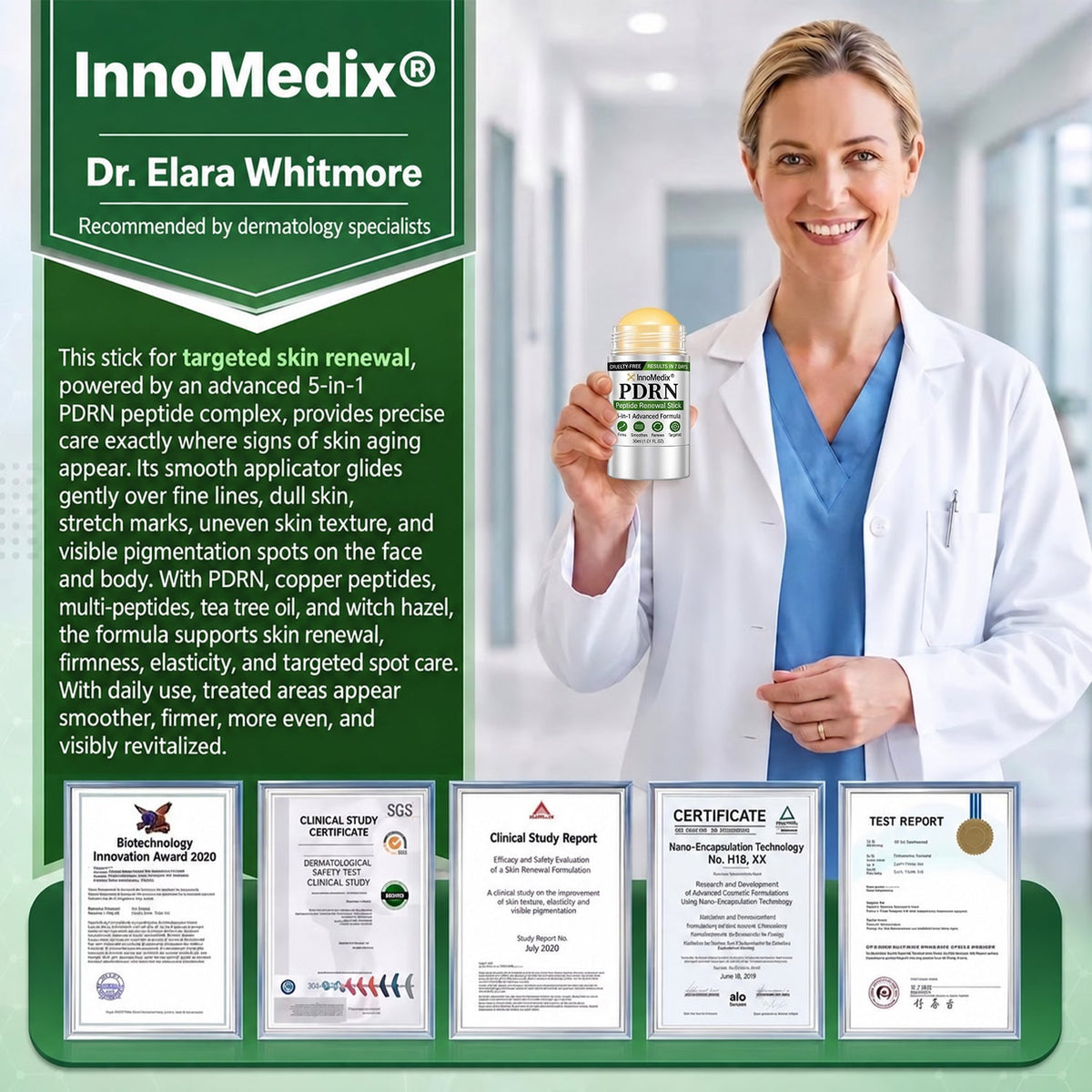 InnoMedix® 🧬𝑷𝑫𝑹𝑵 𝑨𝒏𝒕𝒊-𝑨𝒈𝒊𝒏𝒈 & 𝑻𝒂𝒓𝒈𝒆𝒕𝒆𝒅 𝑺𝒌𝒊𝒏 𝑹𝒆𝒏𝒆𝒘𝒂𝒍 𝑺𝒕𝒊𝒄𝒌 (𝑯𝒆𝒍𝒑𝒔 𝒗𝒊𝒔𝒊𝒃𝒍𝒚 𝒔𝒎𝒐𝒐𝒕𝒉 𝒘𝒓𝒊𝒏𝒌𝒍𝒆𝒔, 𝒔𝒖𝒑𝒑𝒐𝒓𝒕𝒔 𝒂 𝒇𝒊𝒓𝒎𝒆𝒓-𝒍𝒐𝒐𝒌𝒊𝒏𝒈 𝒔𝒌𝒊𝒏 𝒂𝒑𝒑𝒆𝒂𝒓𝒂𝒏𝒄𝒆 & 𝒊𝒎𝒑𝒓𝒐𝒗𝒆𝒔 𝒕𝒉𝒆 𝒂𝒑𝒑𝒆𝒂𝒓𝒂𝒏𝒄𝒆 𝒐𝒇 𝒗𝒊𝒔𝒊𝒃𝒍𝒆 𝒔𝒌𝒊𝒏 𝒔𝒑𝒐𝒕𝒔)