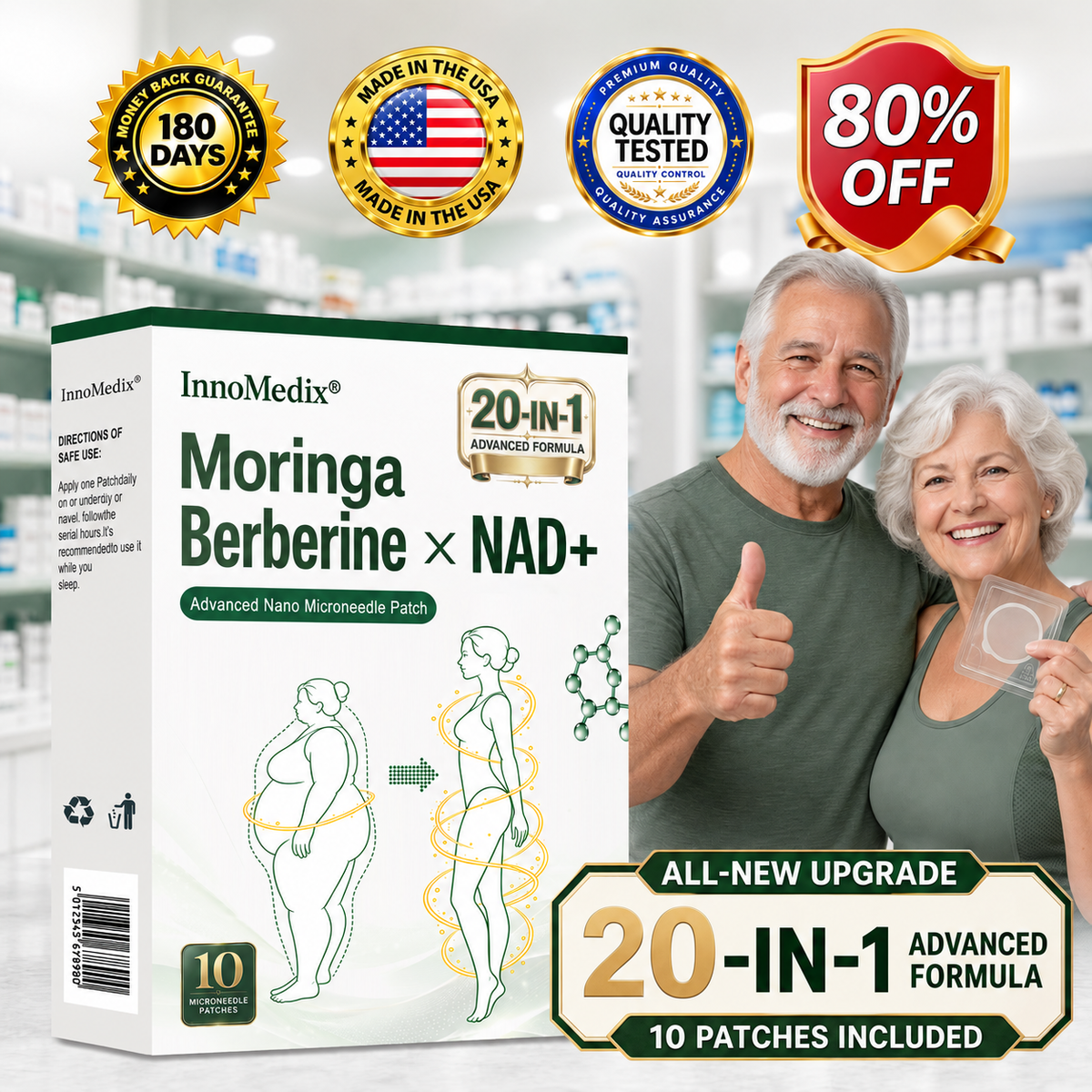 InnoMedix® Moringa Berberine x NAD+ 20-IN-1 Advanced Nano Microneedle Patch( 𝐉𝐮𝐬𝐭 𝐨𝐧𝐜𝐞 𝐚 𝐝𝐚𝐲, 𝐯𝐢𝐬𝐢𝐛𝐥𝐞 𝐜𝐡𝐚𝐧𝐠𝐞𝐬 𝐢𝐧 𝟕 𝐝𝐚𝐲𝐬)